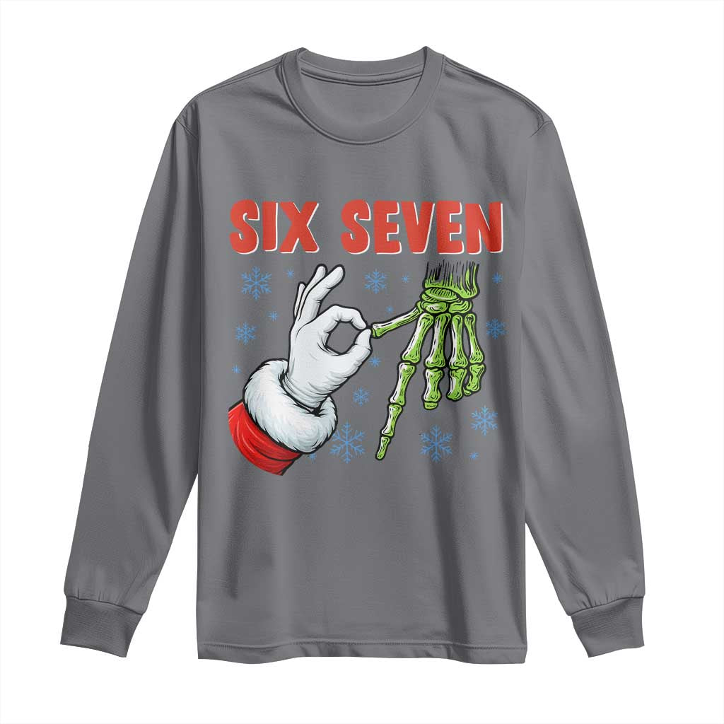 Funny 67 Christmas Long Sleeve Shirt Six Seven Meme Santa Skeleton Hands Gesture Gen Alpha - Wonder Print Shop
