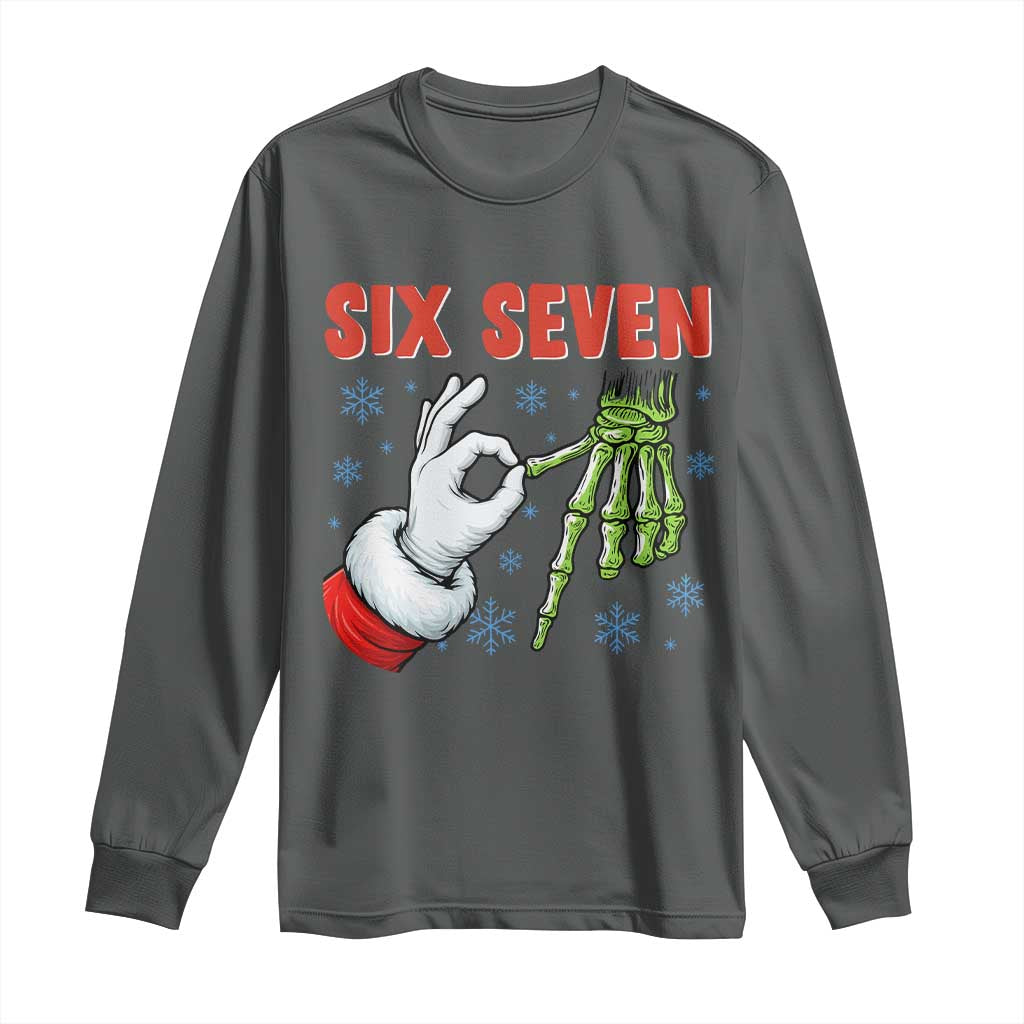Funny 67 Christmas Long Sleeve Shirt Six Seven Meme Santa Skeleton Hands Gesture Gen Alpha - Wonder Print Shop