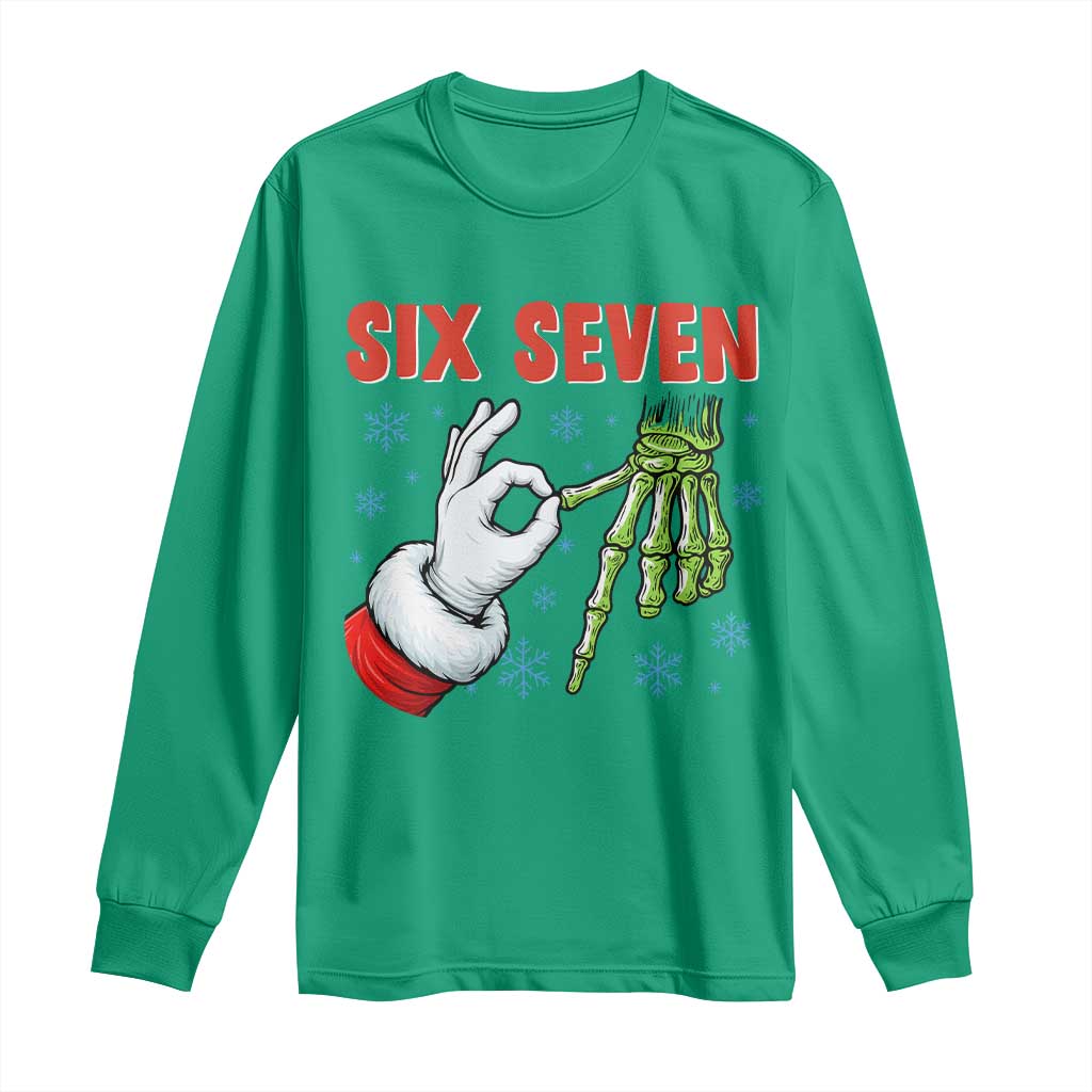 Funny 67 Christmas Long Sleeve Shirt Six Seven Meme Santa Skeleton Hands Gesture Gen Alpha - Wonder Print Shop