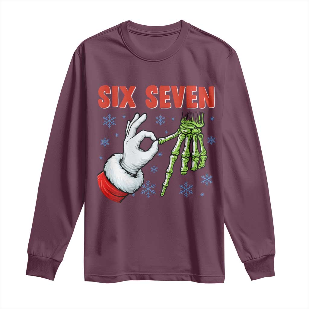 Funny 67 Christmas Long Sleeve Shirt Six Seven Meme Santa Skeleton Hands Gesture Gen Alpha - Wonder Print Shop