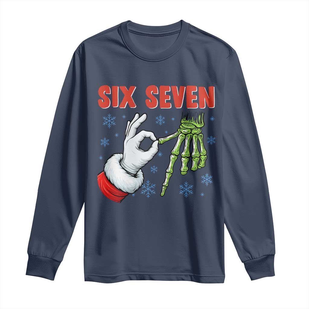 Funny 67 Christmas Long Sleeve Shirt Six Seven Meme Santa Skeleton Hands Gesture Gen Alpha - Wonder Print Shop