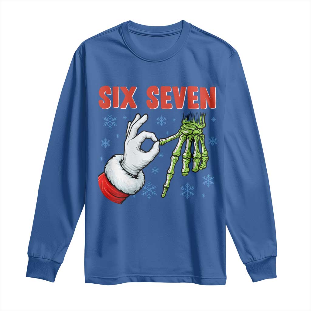 Funny 67 Christmas Long Sleeve Shirt Six Seven Meme Santa Skeleton Hands Gesture Gen Alpha - Wonder Print Shop