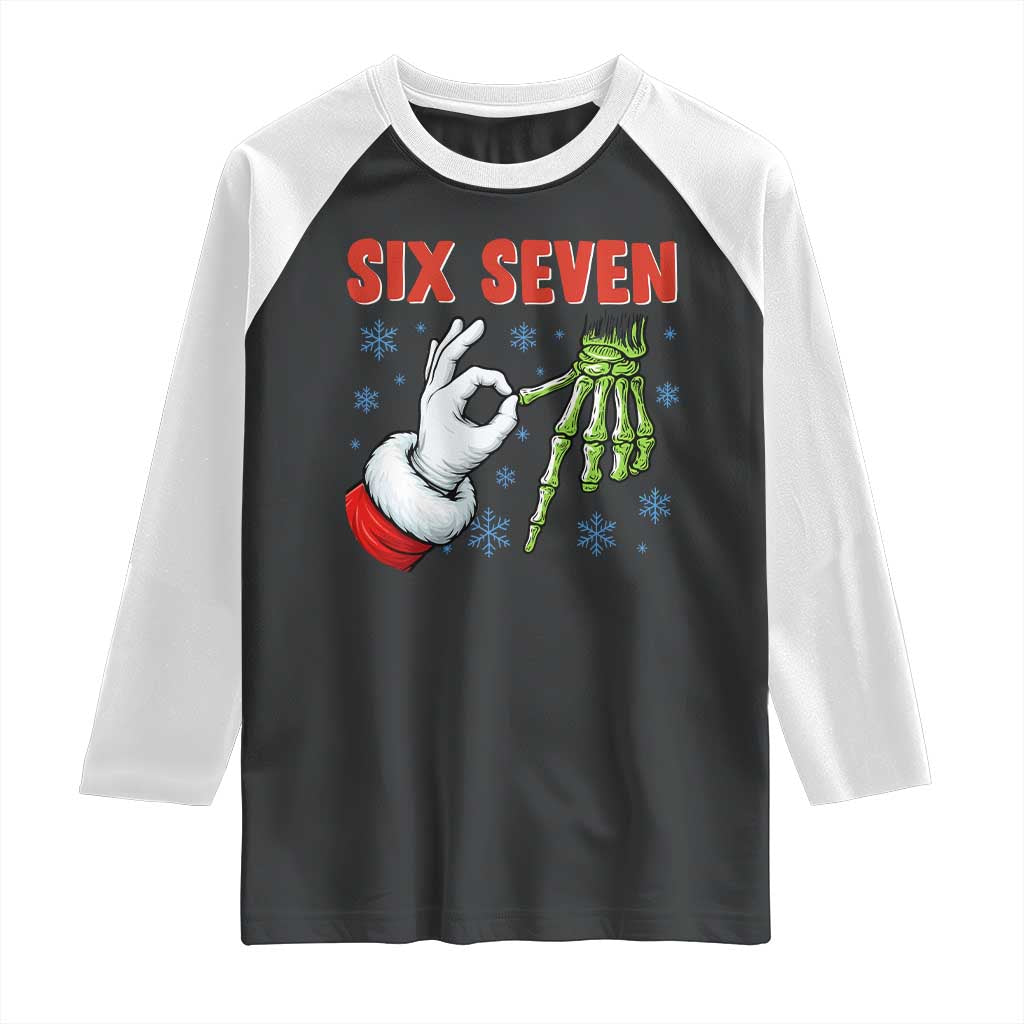 Funny 67 Christmas Raglan Shirt Six Seven Meme Santa Skeleton Hands Gesture Gen Alpha - Wonder Print Shop