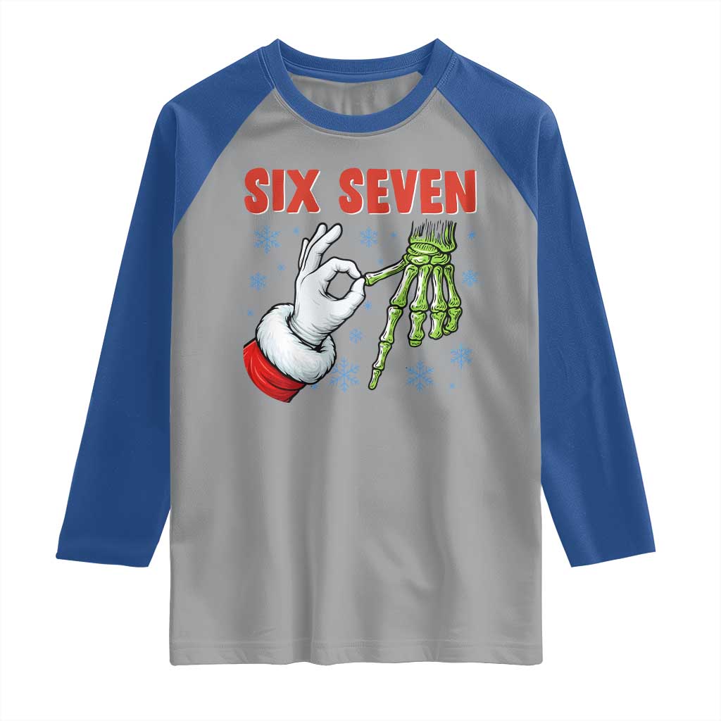 Funny 67 Christmas Raglan Shirt Six Seven Meme Santa Skeleton Hands Gesture Gen Alpha - Wonder Print Shop