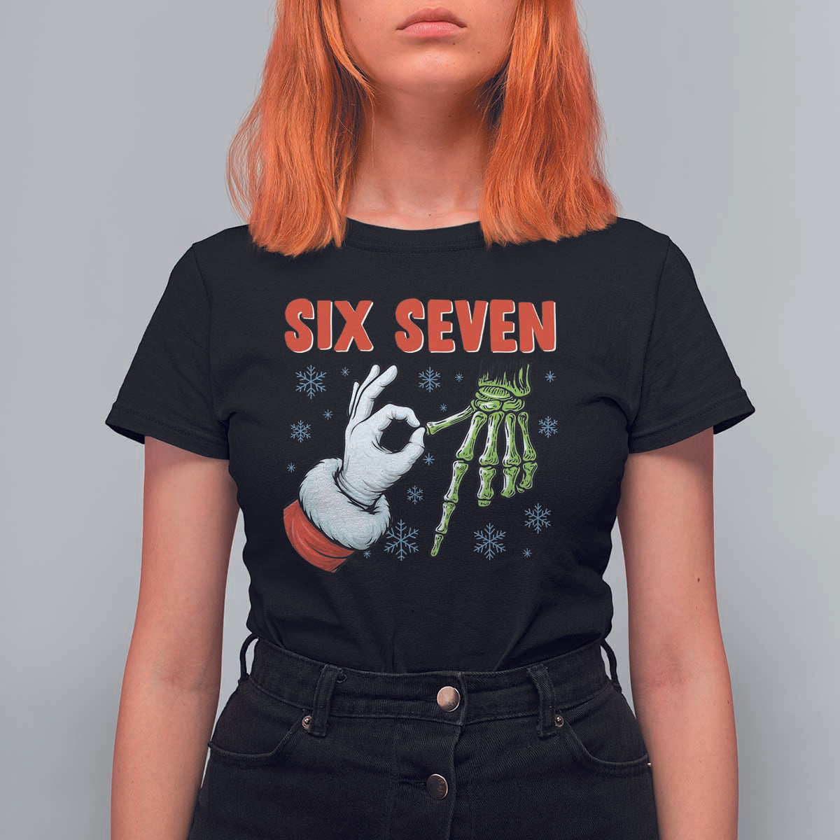 Funny 67 Christmas T Shirt For Women Six Seven Meme Santa Skeleton Hands Gesture Gen Alpha - Wonder Print Shop