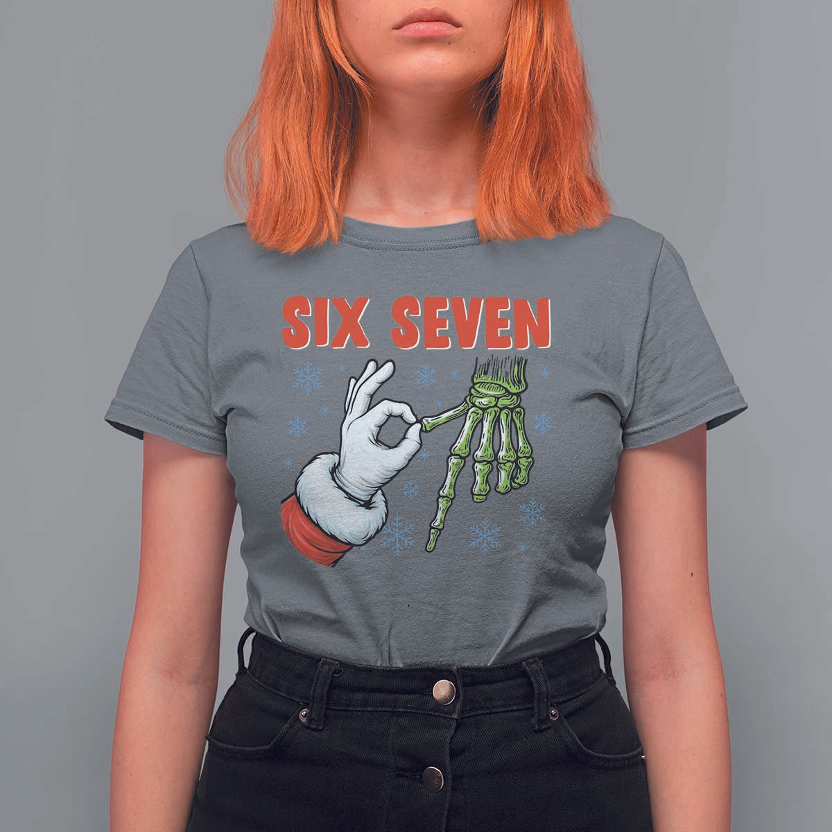 Funny 67 Christmas T Shirt For Women Six Seven Meme Santa Skeleton Hands Gesture Gen Alpha - Wonder Print Shop