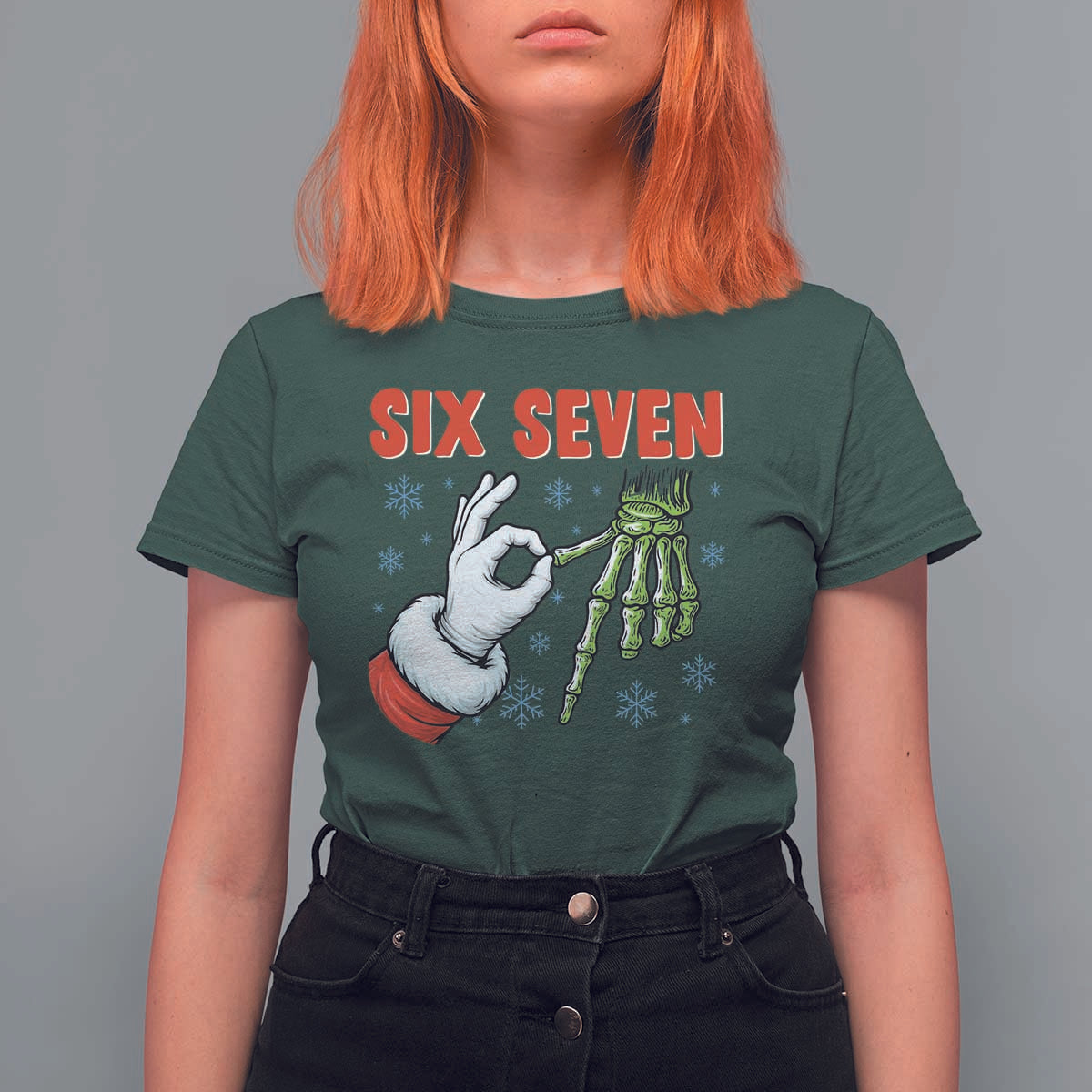 Funny 67 Christmas T Shirt For Women Six Seven Meme Santa Skeleton Hands Gesture Gen Alpha - Wonder Print Shop