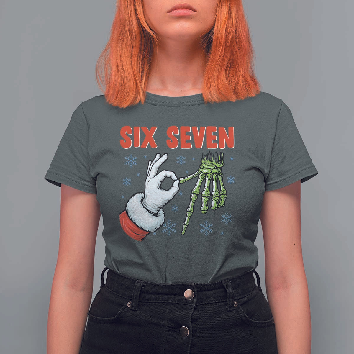 Funny 67 Christmas T Shirt For Women Six Seven Meme Santa Skeleton Hands Gesture Gen Alpha - Wonder Print Shop
