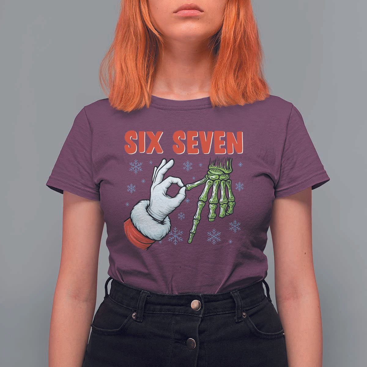 Funny 67 Christmas T Shirt For Women Six Seven Meme Santa Skeleton Hands Gesture Gen Alpha - Wonder Print Shop