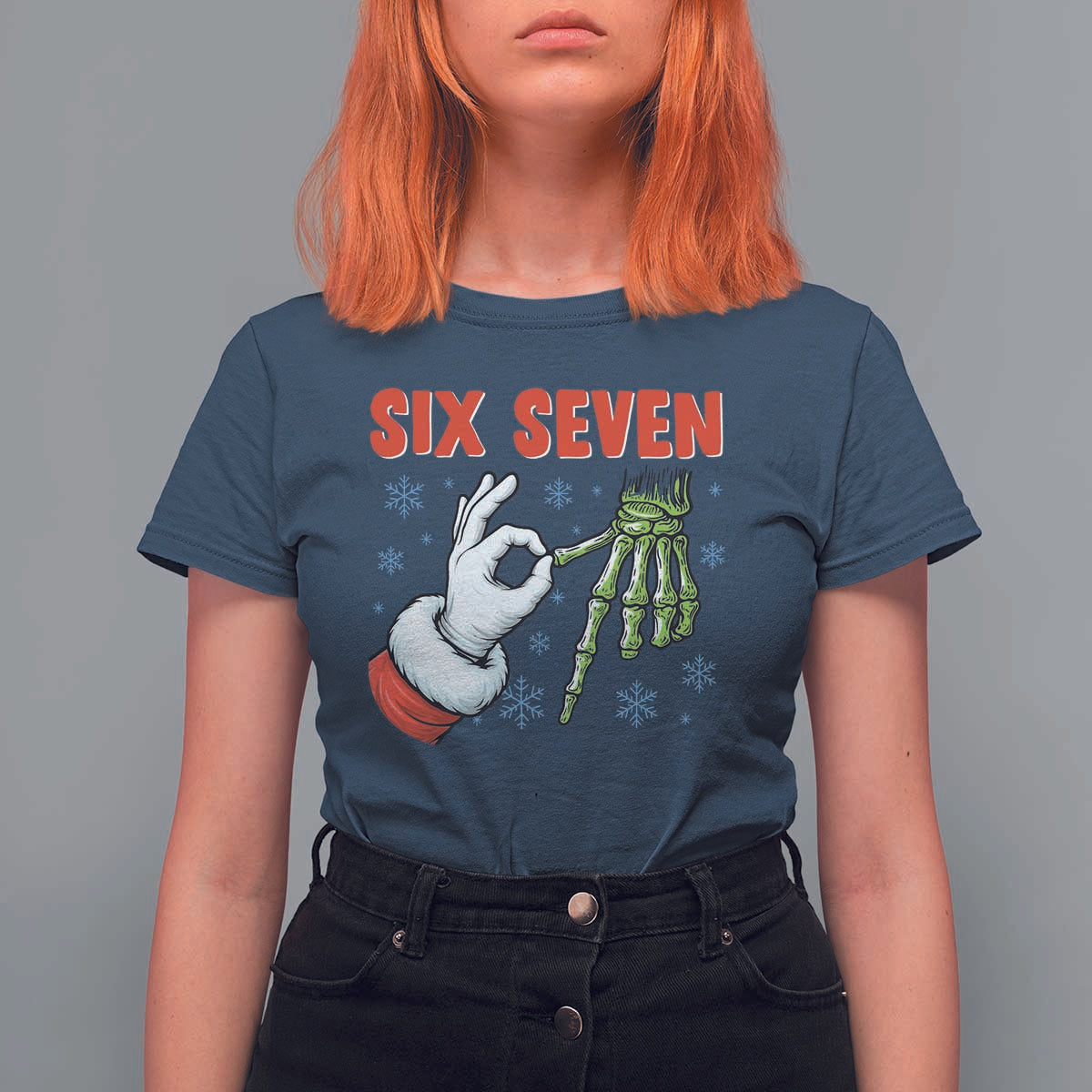 Funny 67 Christmas T Shirt For Women Six Seven Meme Santa Skeleton Hands Gesture Gen Alpha - Wonder Print Shop