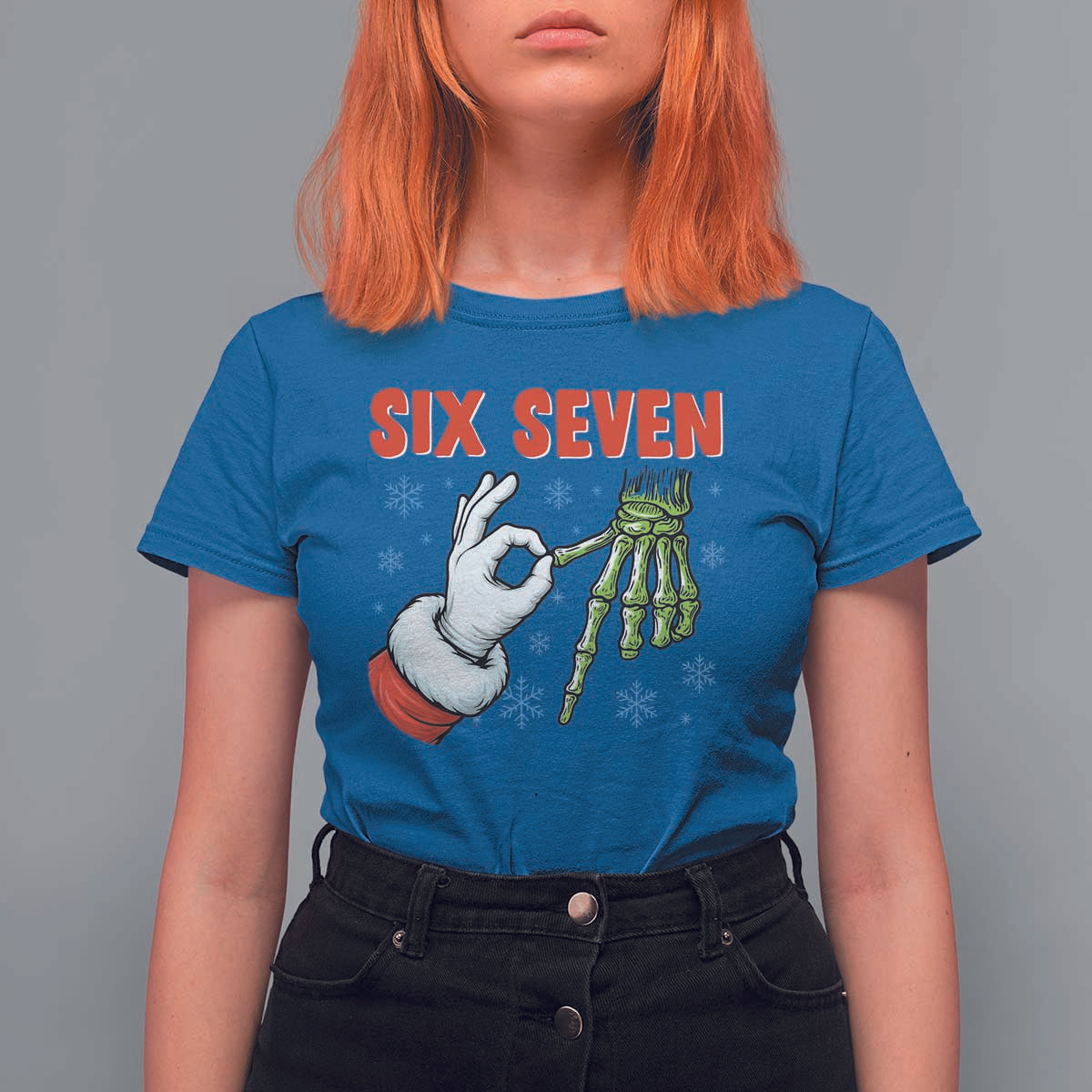 Funny 67 Christmas T Shirt For Women Six Seven Meme Santa Skeleton Hands Gesture Gen Alpha - Wonder Print Shop