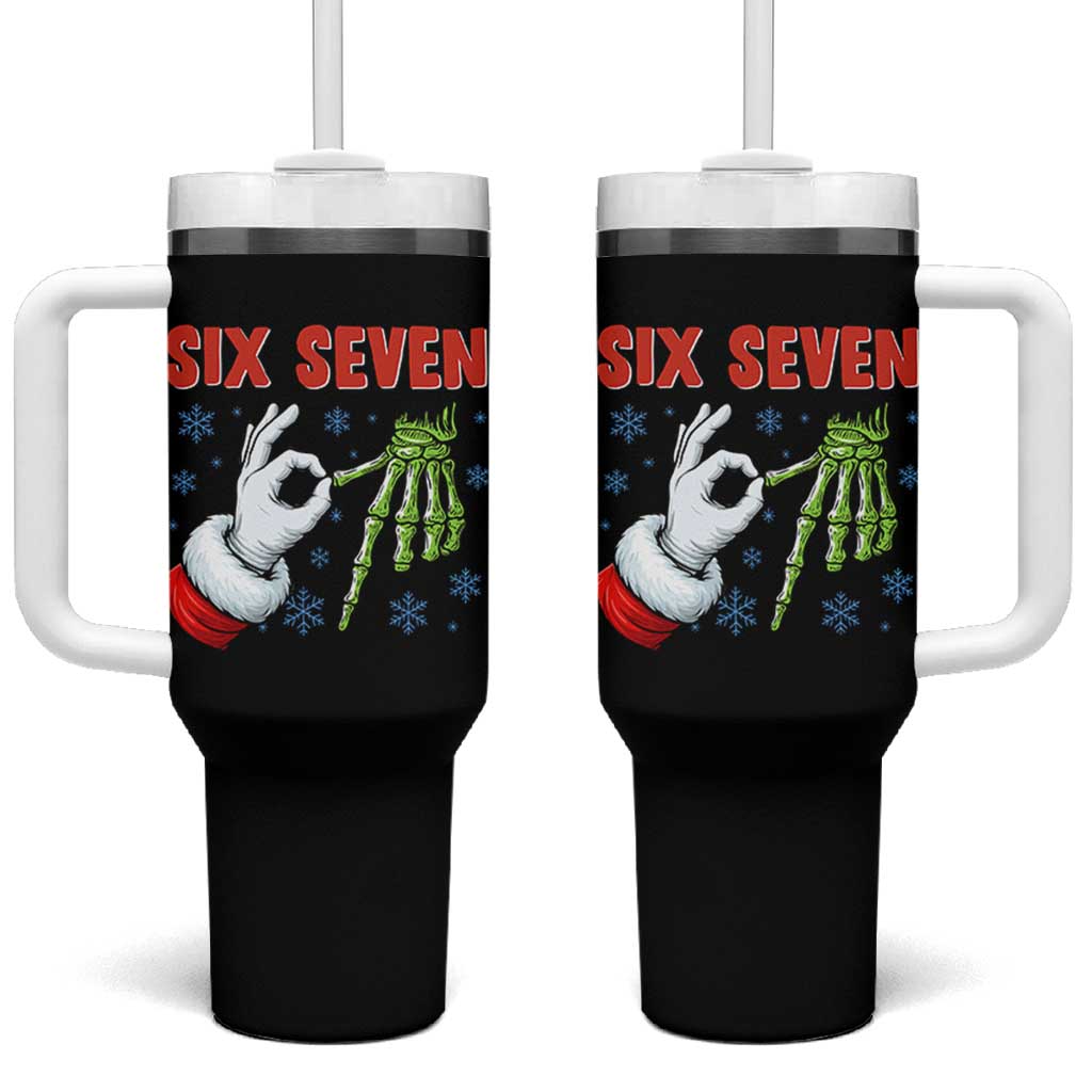 Funny 67 Christmas Tumbler With Handle Six Seven Meme Santa Skeleton Hands Gesture Gen Alpha - Wonder Print Shop