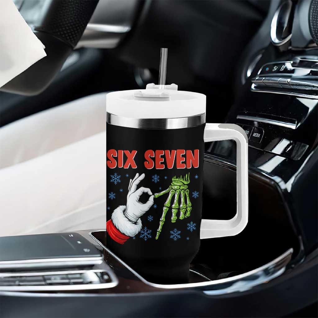 Funny 67 Christmas Tumbler With Handle Six Seven Meme Santa Skeleton Hands Gesture Gen Alpha - Wonder Print Shop