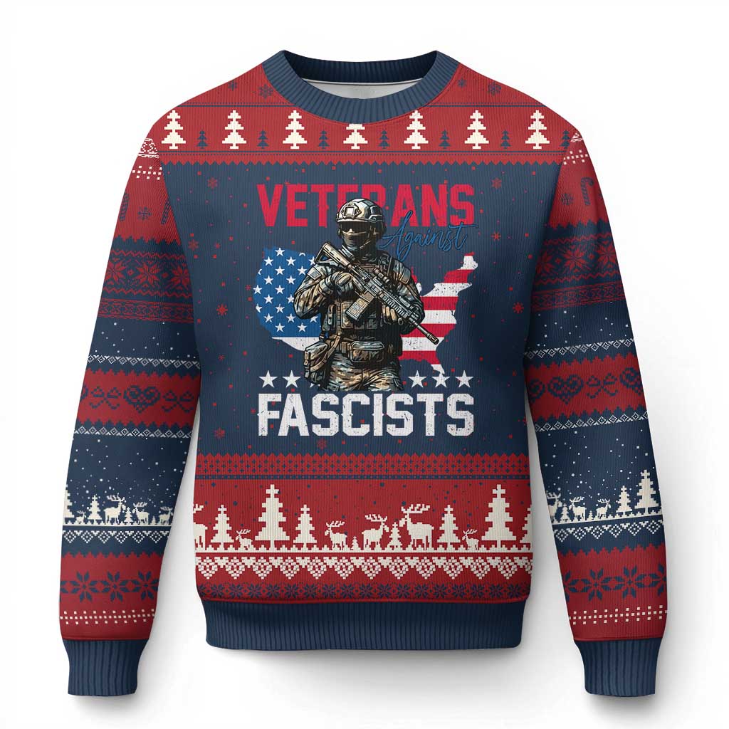 Veterans Against Fascists Ugly Christmas Sweater Patriotic Soldier Vintage American Flag - Wonder Print Shop