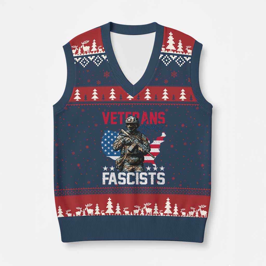 Veterans Against Fascists V-Neck Knit Sweater Vest Patriotic Soldier Vintage American Flag - Wonder Print Shop