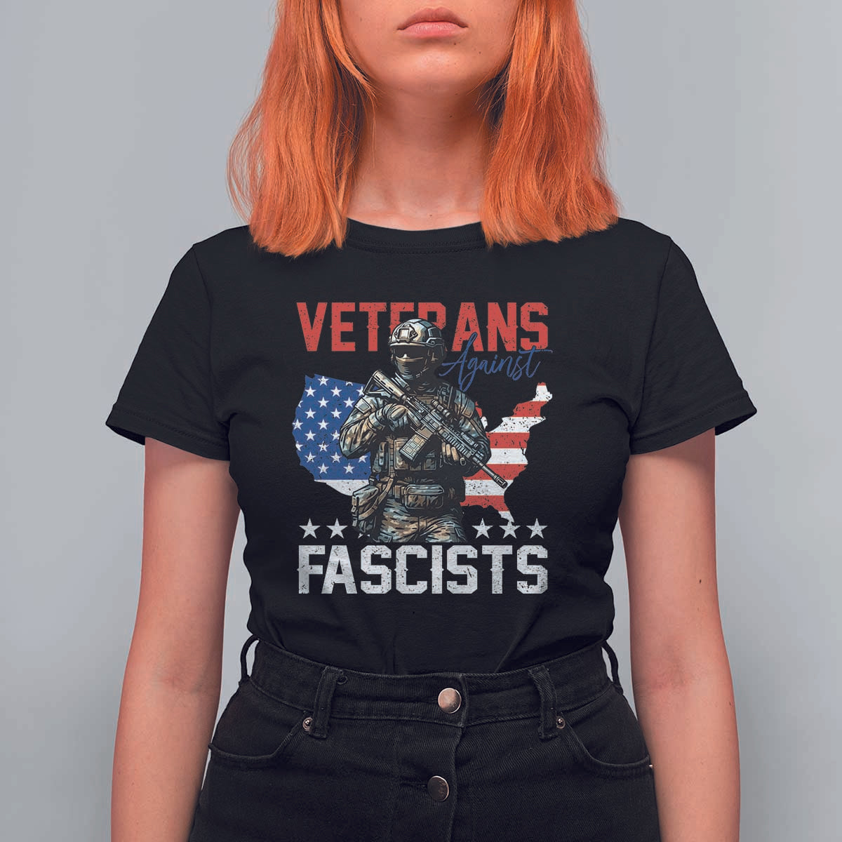 Veterans Against Fascists T Shirt For Women Patriotic Soldier Vintage American Flag - Wonder Print Shop