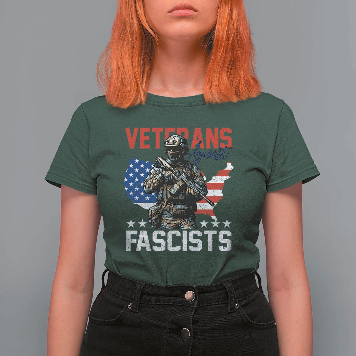 Veterans Against Fascists T Shirt For Women Patriotic Soldier Vintage American Flag - Wonder Print Shop
