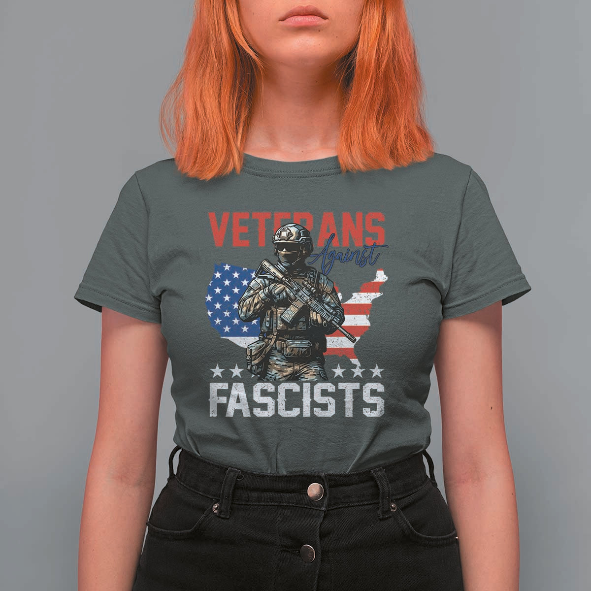 Veterans Against Fascists T Shirt For Women Patriotic Soldier Vintage American Flag - Wonder Print Shop