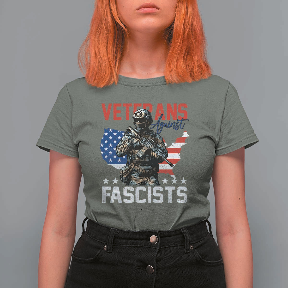 Veterans Against Fascists T Shirt For Women Patriotic Soldier Vintage American Flag - Wonder Print Shop