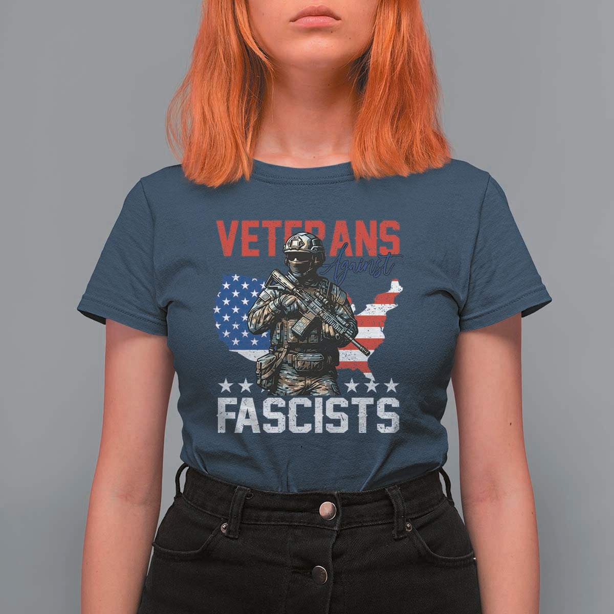 Veterans Against Fascists T Shirt For Women Patriotic Soldier Vintage American Flag - Wonder Print Shop