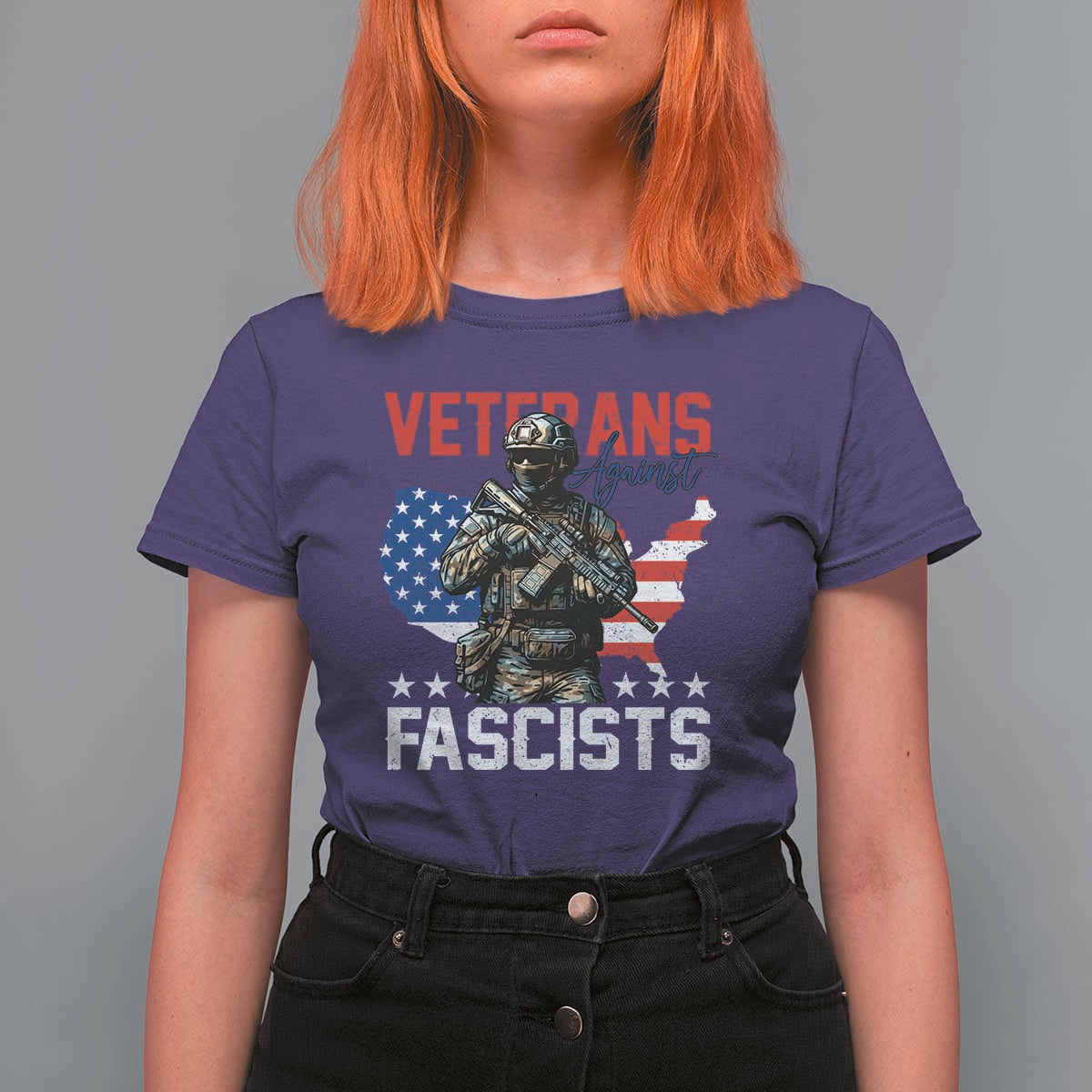 Veterans Against Fascists T Shirt For Women Patriotic Soldier Vintage American Flag - Wonder Print Shop