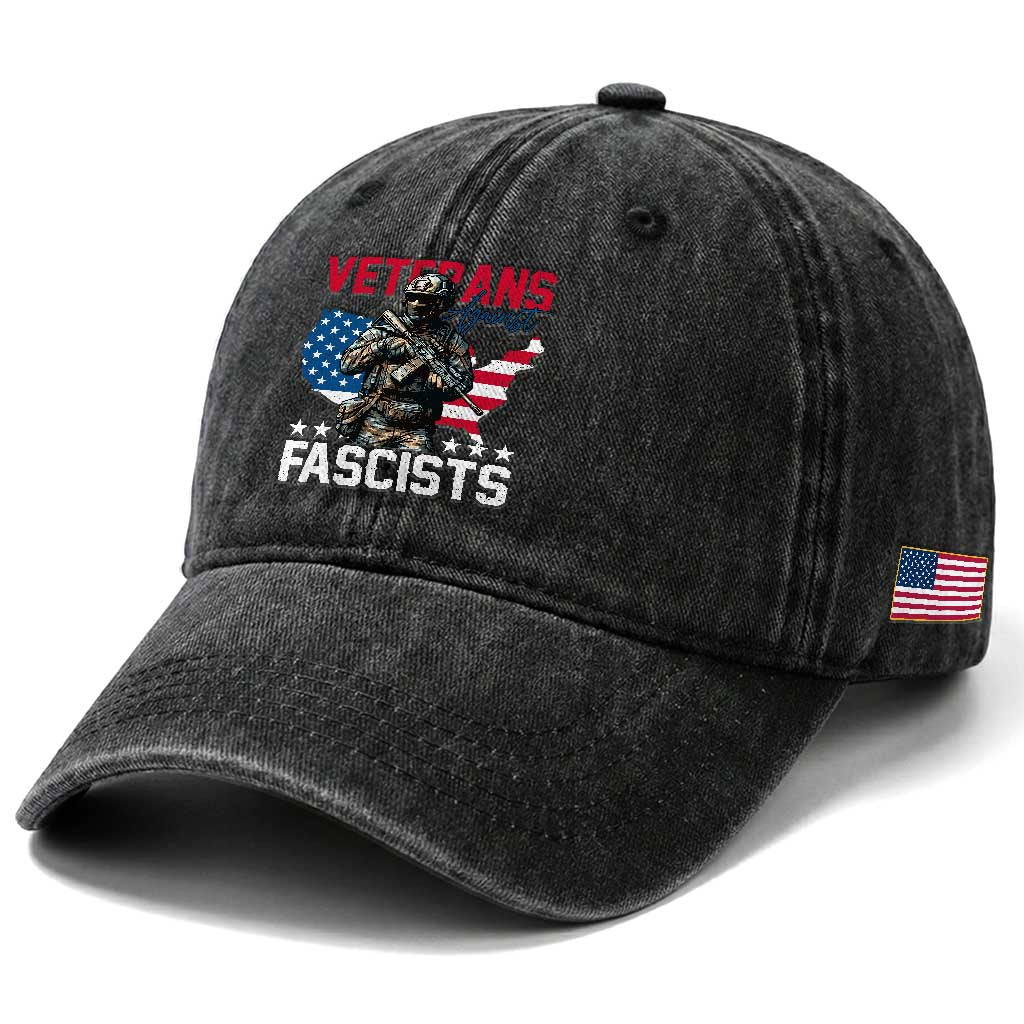 Veterans Against Fascists Washed Cotton Baseball Cap Patriotic Soldier Vintage American Flag