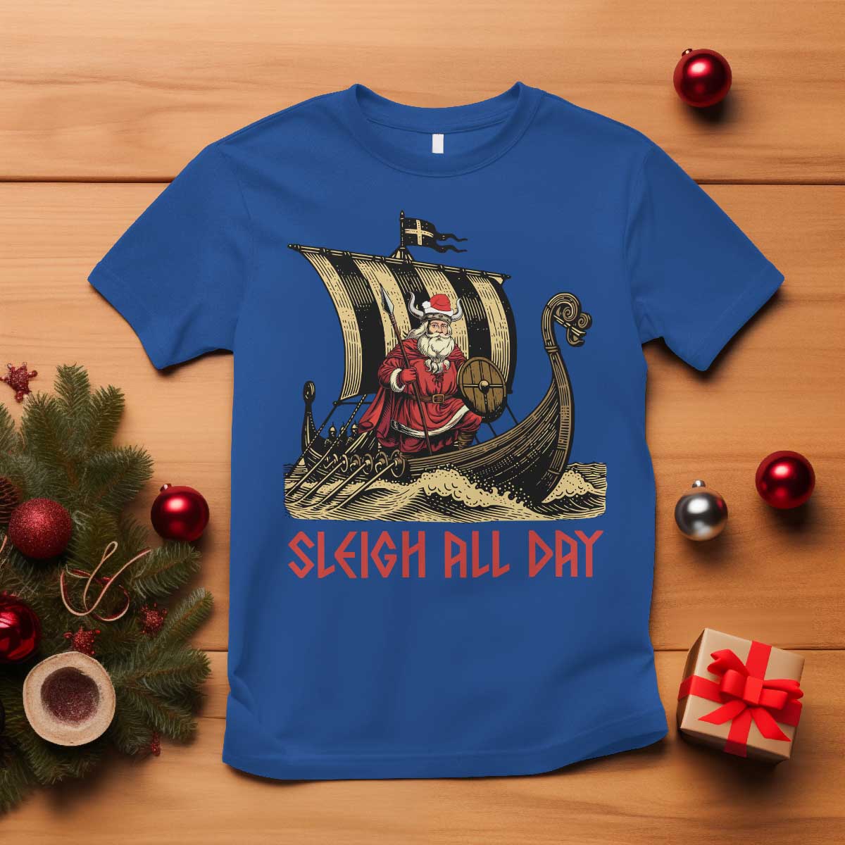 Funny Christmas Santa Viking T Shirt Sleigh All Day Xmas Pagan Norse Longship - Wonder Print Shop