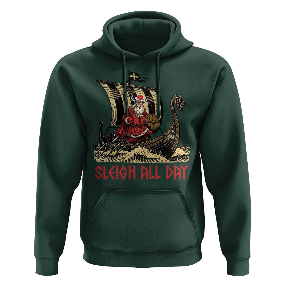 Funny Christmas Santa Viking Hoodie Sleigh All Day Xmas Pagan Norse Longship
