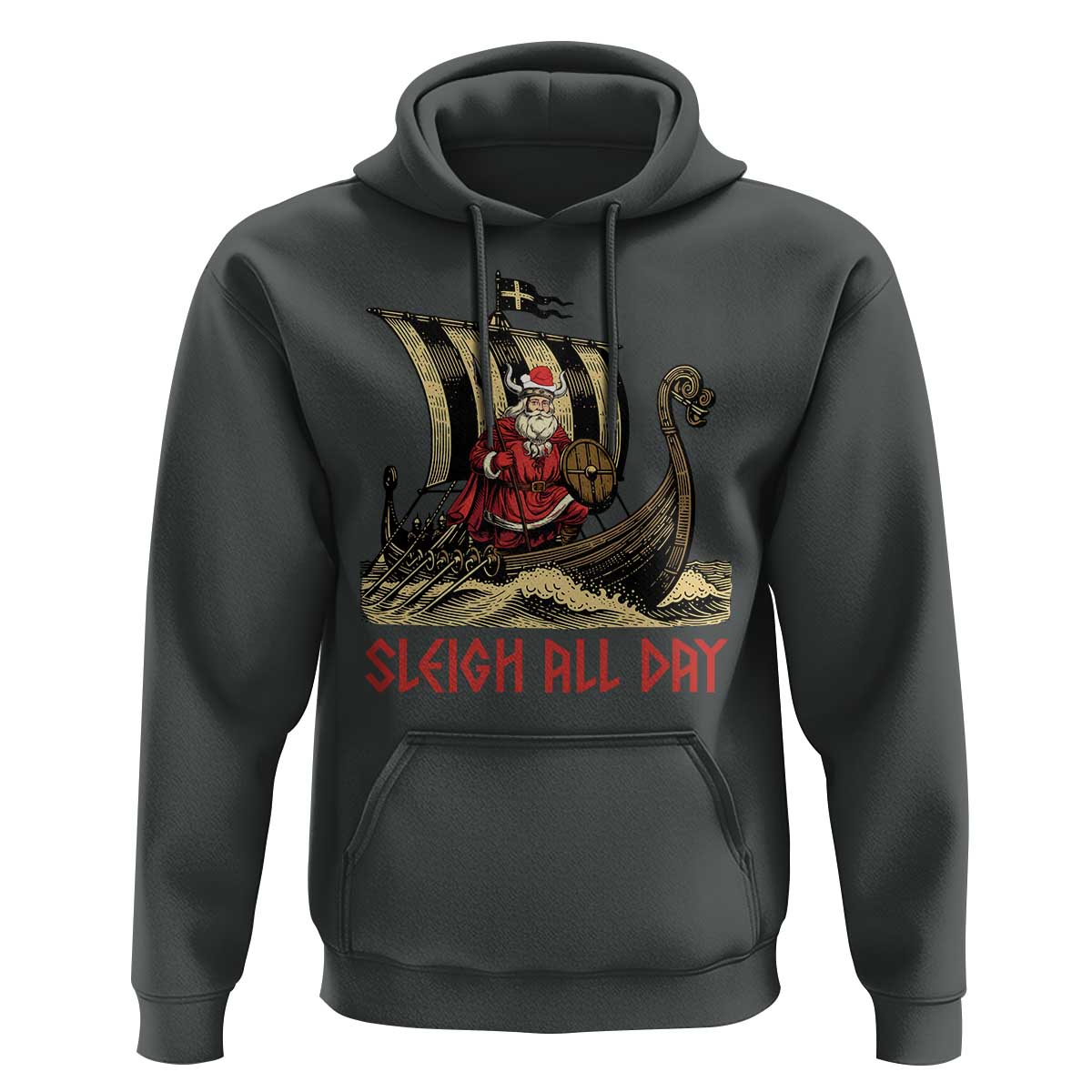 Funny Christmas Santa Viking Hoodie Sleigh All Day Xmas Pagan Norse Longship
