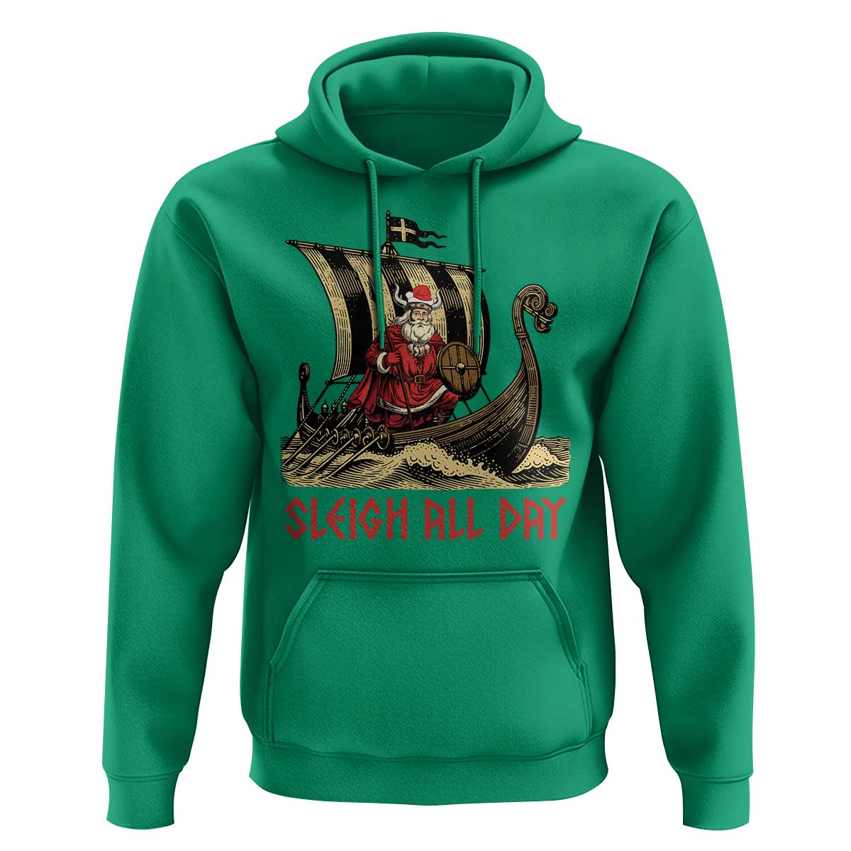 Funny Christmas Santa Viking Hoodie Sleigh All Day Xmas Pagan Norse Longship