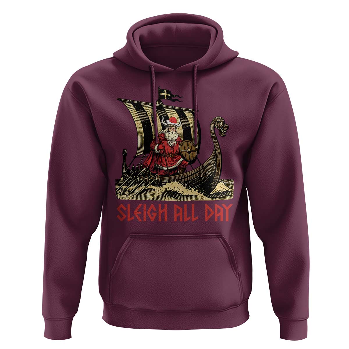 Funny Christmas Santa Viking Hoodie Sleigh All Day Xmas Pagan Norse Longship