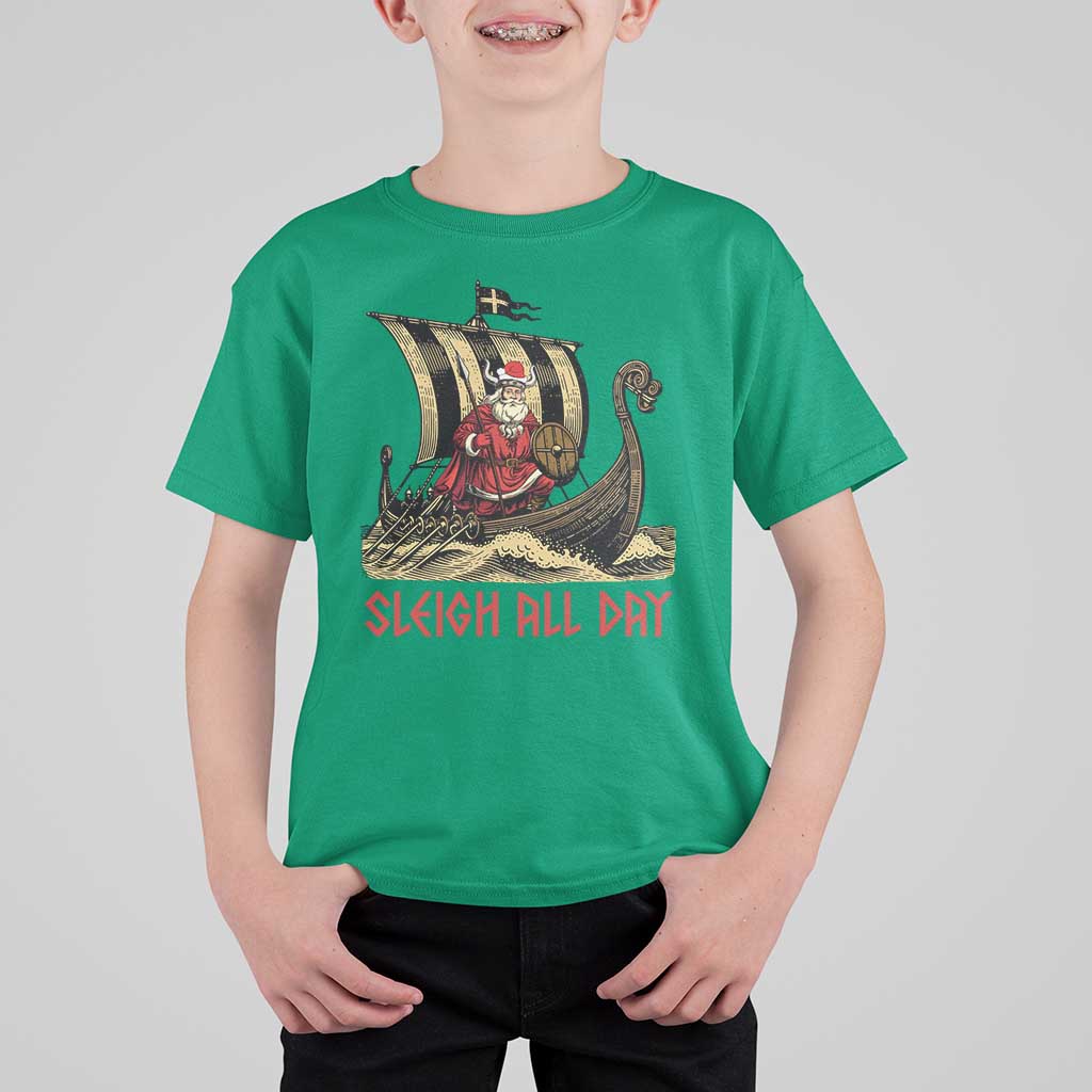 Funny Christmas Santa Viking T Shirt For Kid Sleigh All Day Xmas Pagan Norse Longship - Wonder Print Shop