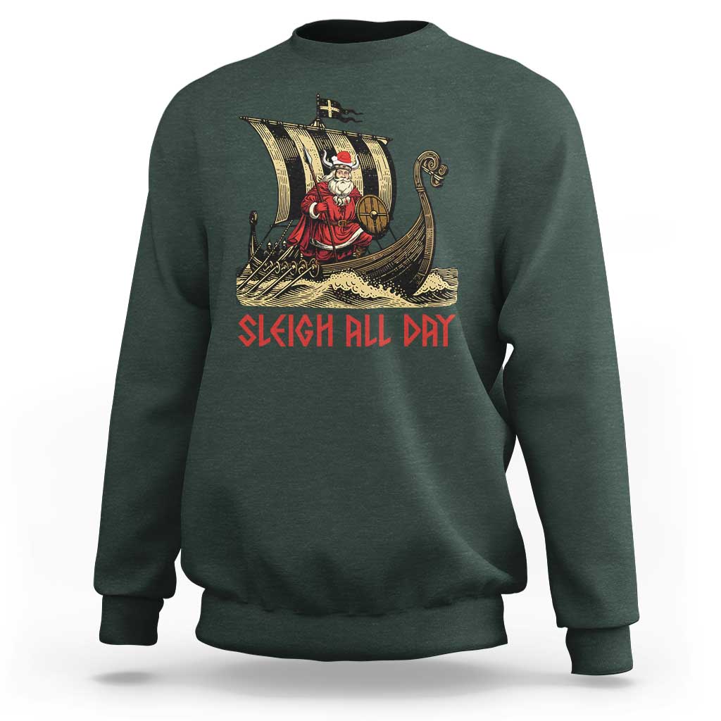 Funny Christmas Santa Viking Sweatshirt Sleigh All Day Xmas Pagan Norse Longship - Wonder Print Shop