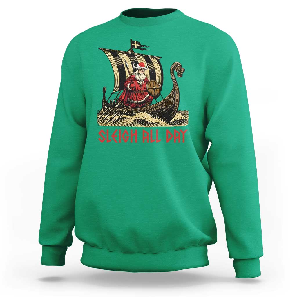 Funny Christmas Santa Viking Sweatshirt Sleigh All Day Xmas Pagan Norse Longship - Wonder Print Shop
