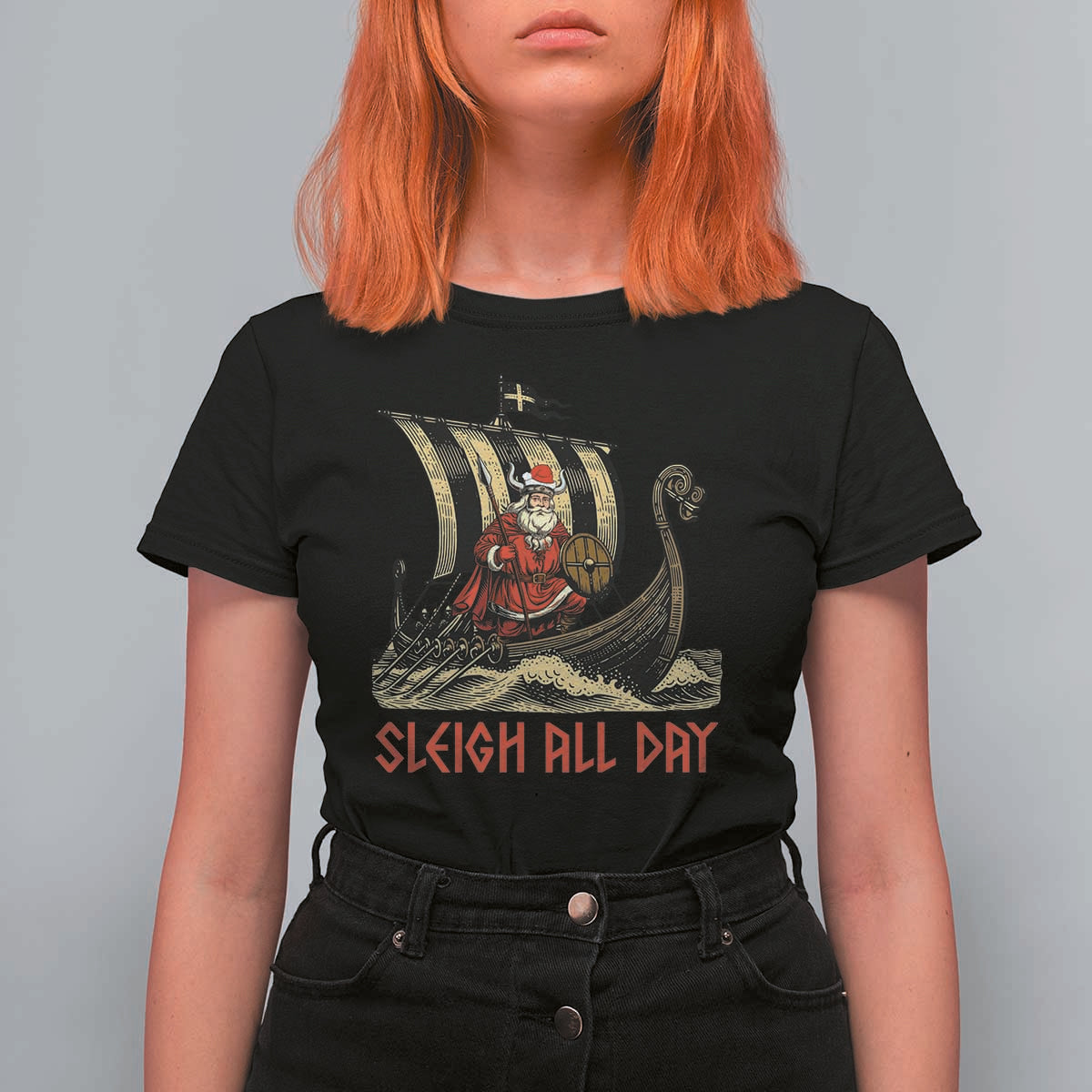 Funny Christmas Santa Viking T Shirt For Women Sleigh All Day Xmas Pagan Norse Longship - Wonder Print Shop