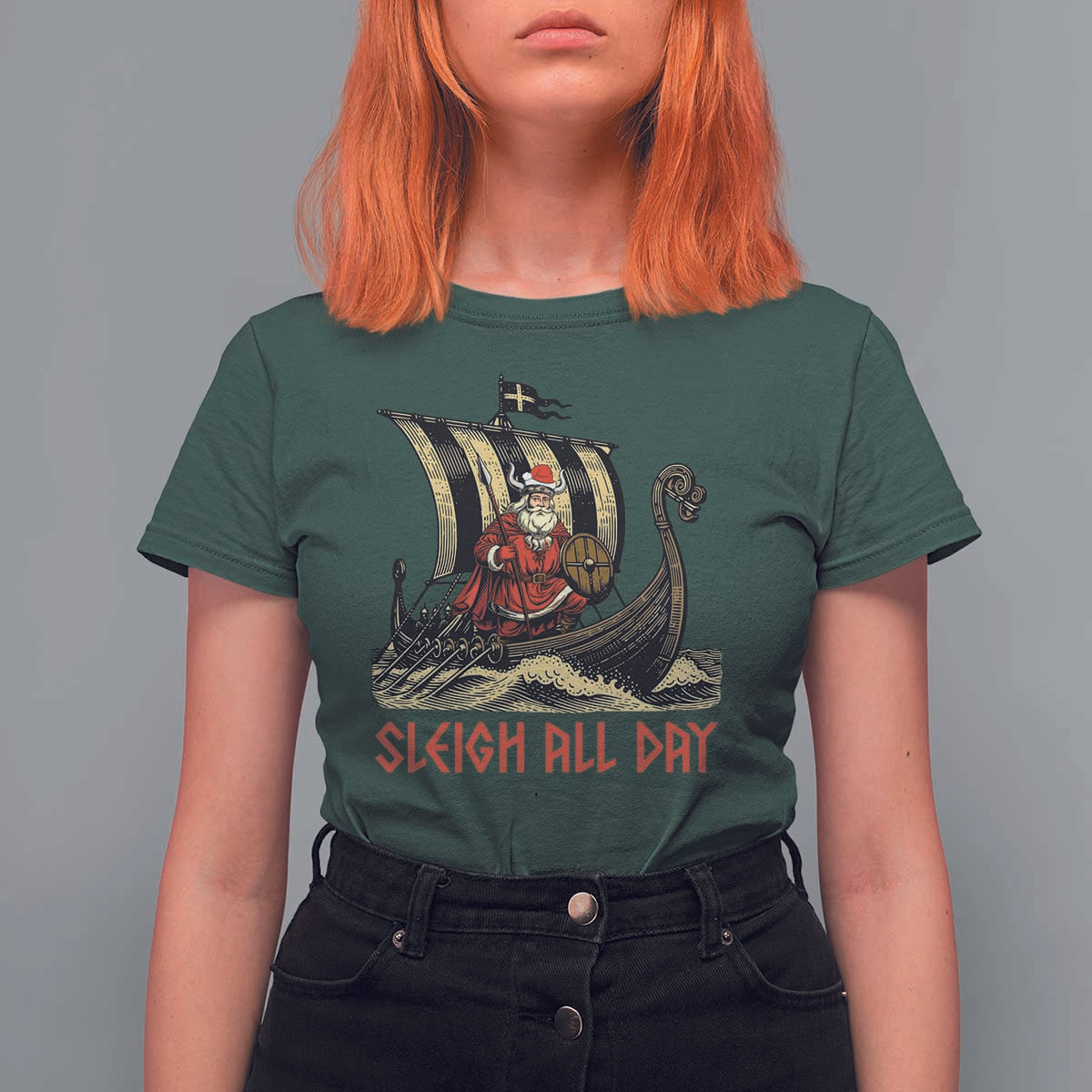 Funny Christmas Santa Viking T Shirt For Women Sleigh All Day Xmas Pagan Norse Longship - Wonder Print Shop