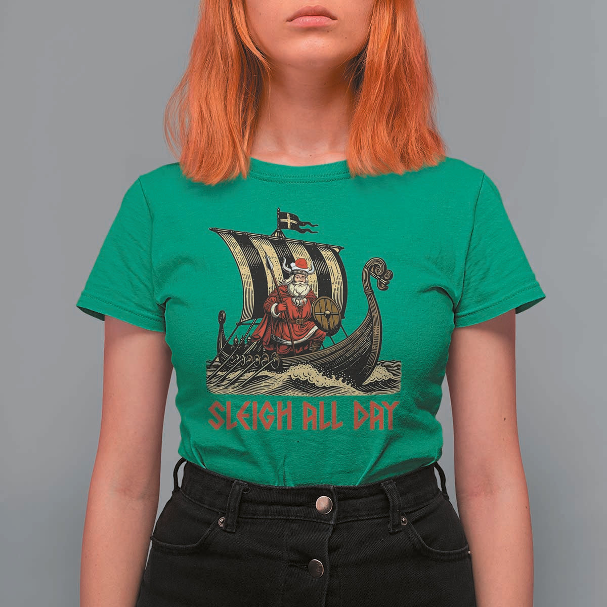 Funny Christmas Santa Viking T Shirt For Women Sleigh All Day Xmas Pagan Norse Longship - Wonder Print Shop