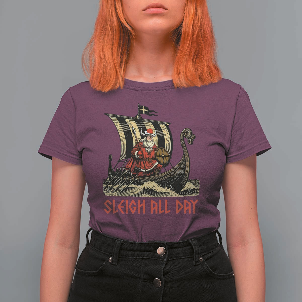 Funny Christmas Santa Viking T Shirt For Women Sleigh All Day Xmas Pagan Norse Longship - Wonder Print Shop