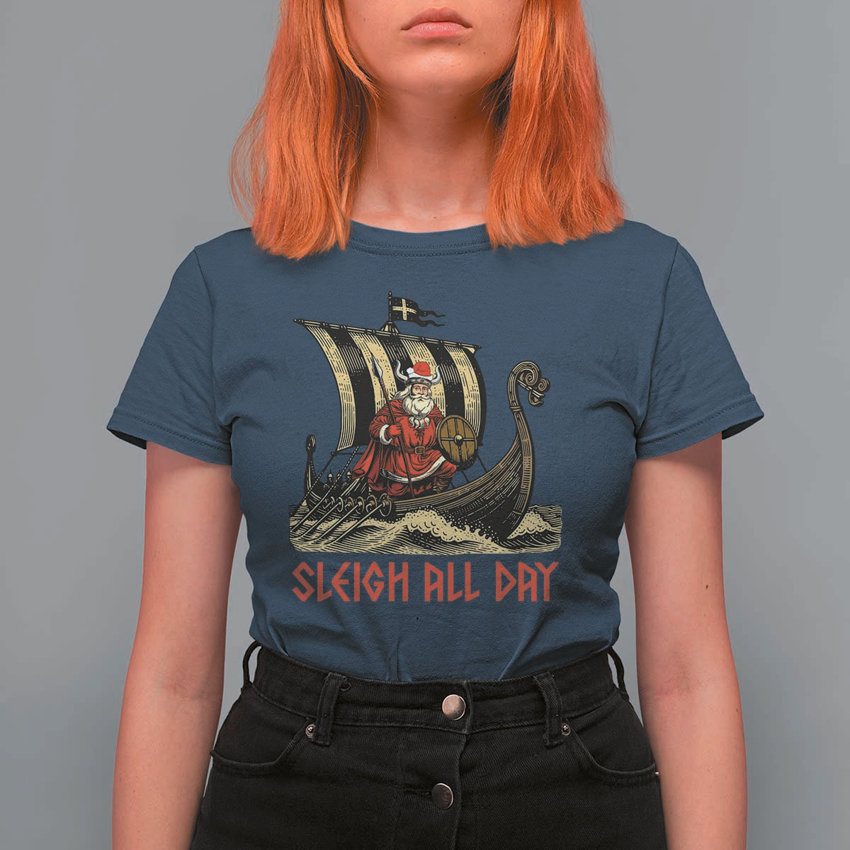 Funny Christmas Santa Viking T Shirt For Women Sleigh All Day Xmas Pagan Norse Longship - Wonder Print Shop