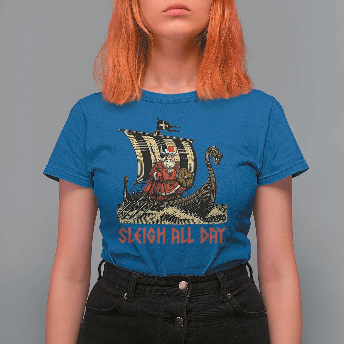 Funny Christmas Santa Viking T Shirt For Women Sleigh All Day Xmas Pagan Norse Longship - Wonder Print Shop