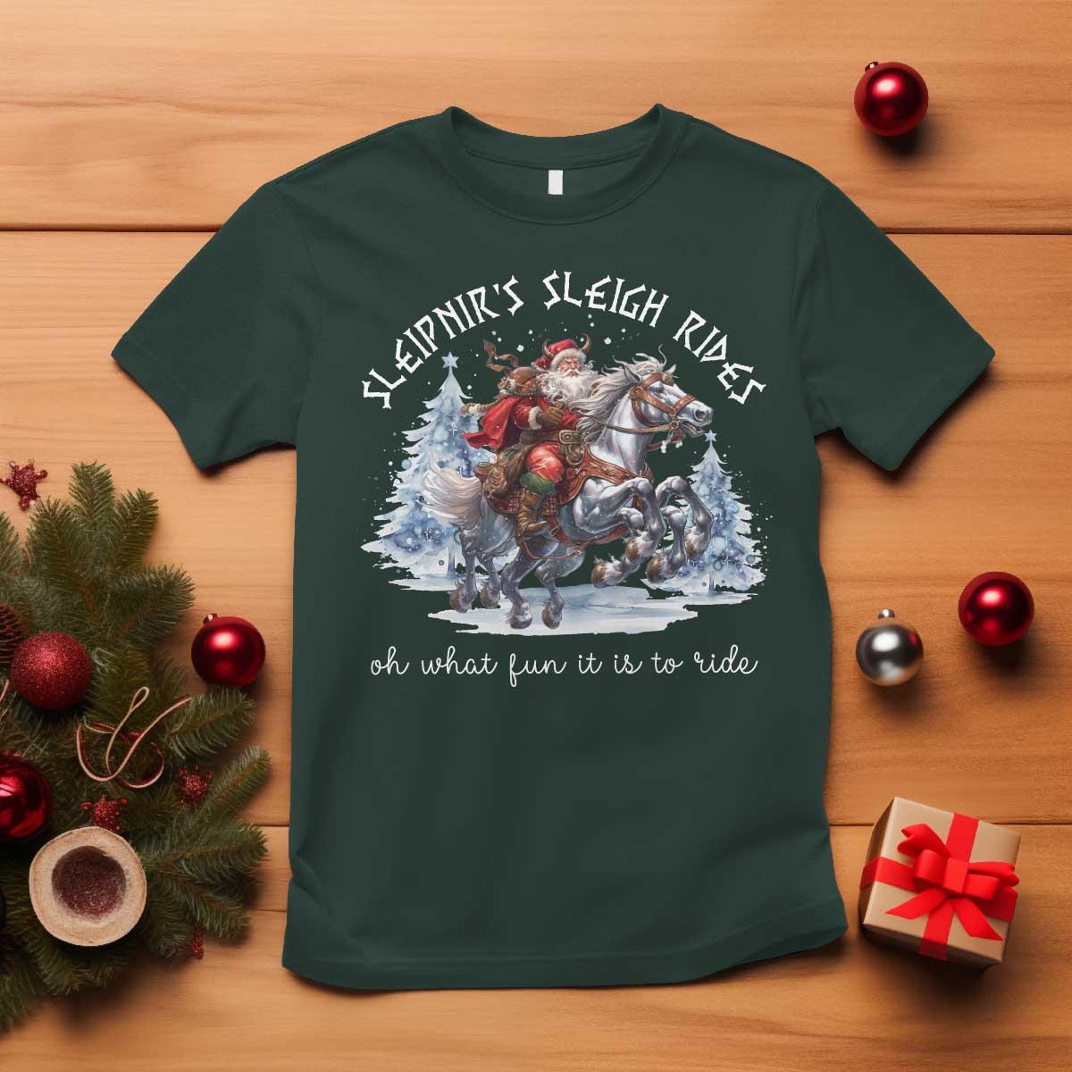 Funny Christmas Santa Viking T Shirt Sleipnir's Sleigh Rides Oh What Fun It Is To Ride - Wonder Print Shop