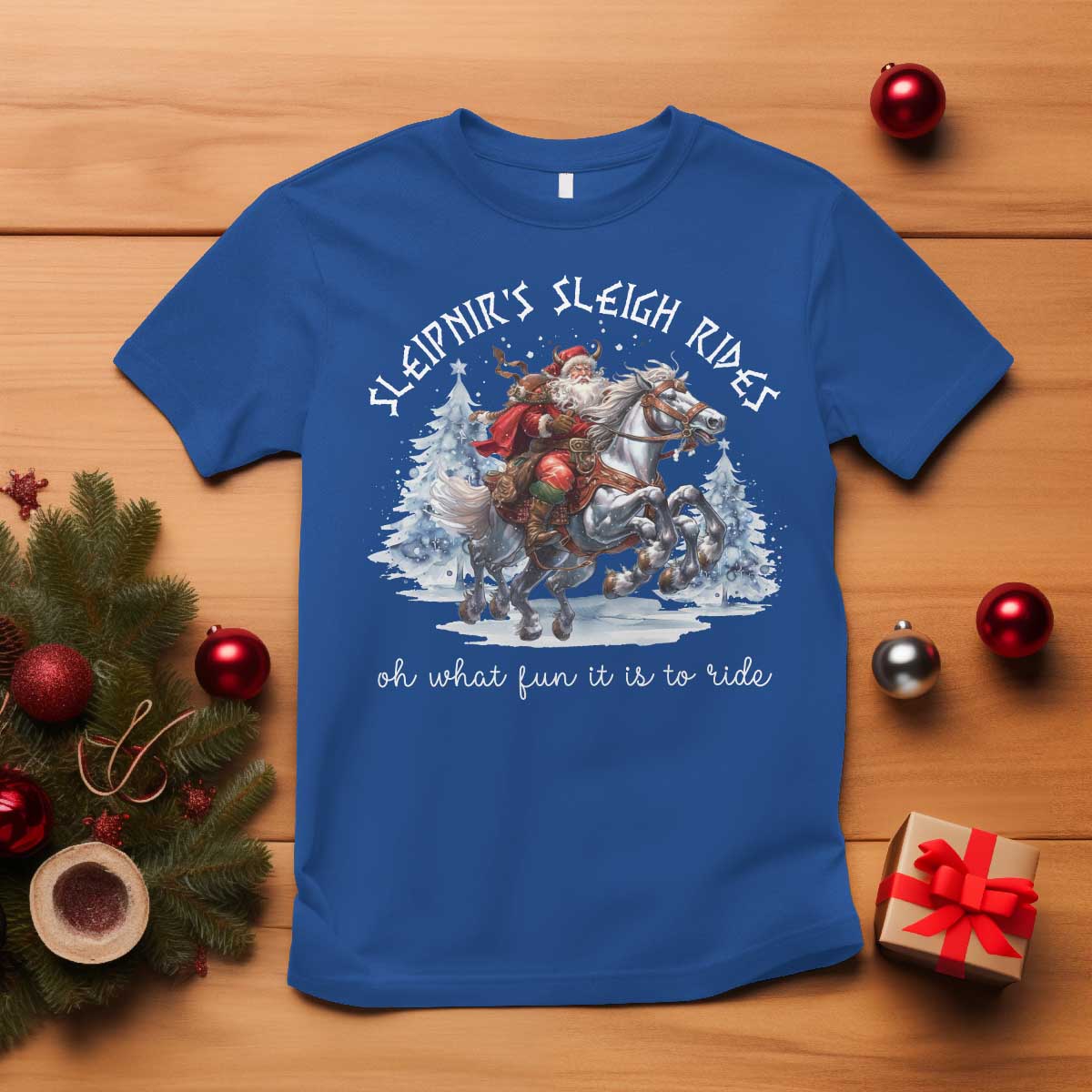 Funny Christmas Santa Viking T Shirt Sleipnir's Sleigh Rides Oh What Fun It Is To Ride - Wonder Print Shop