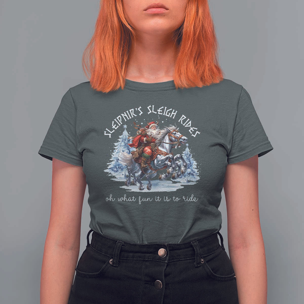 Funny Christmas Santa Viking T Shirt For Women Sleipnir's Sleigh Rides Oh What Fun It Is To Ride - Wonder Print Shop
