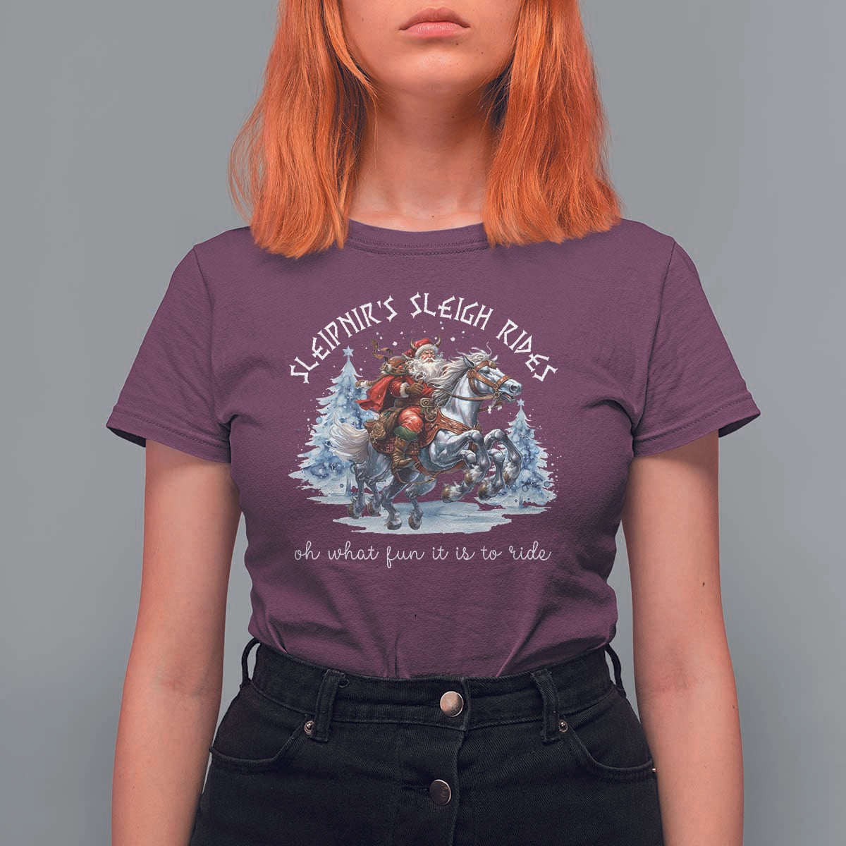 Funny Christmas Santa Viking T Shirt For Women Sleipnir's Sleigh Rides Oh What Fun It Is To Ride - Wonder Print Shop