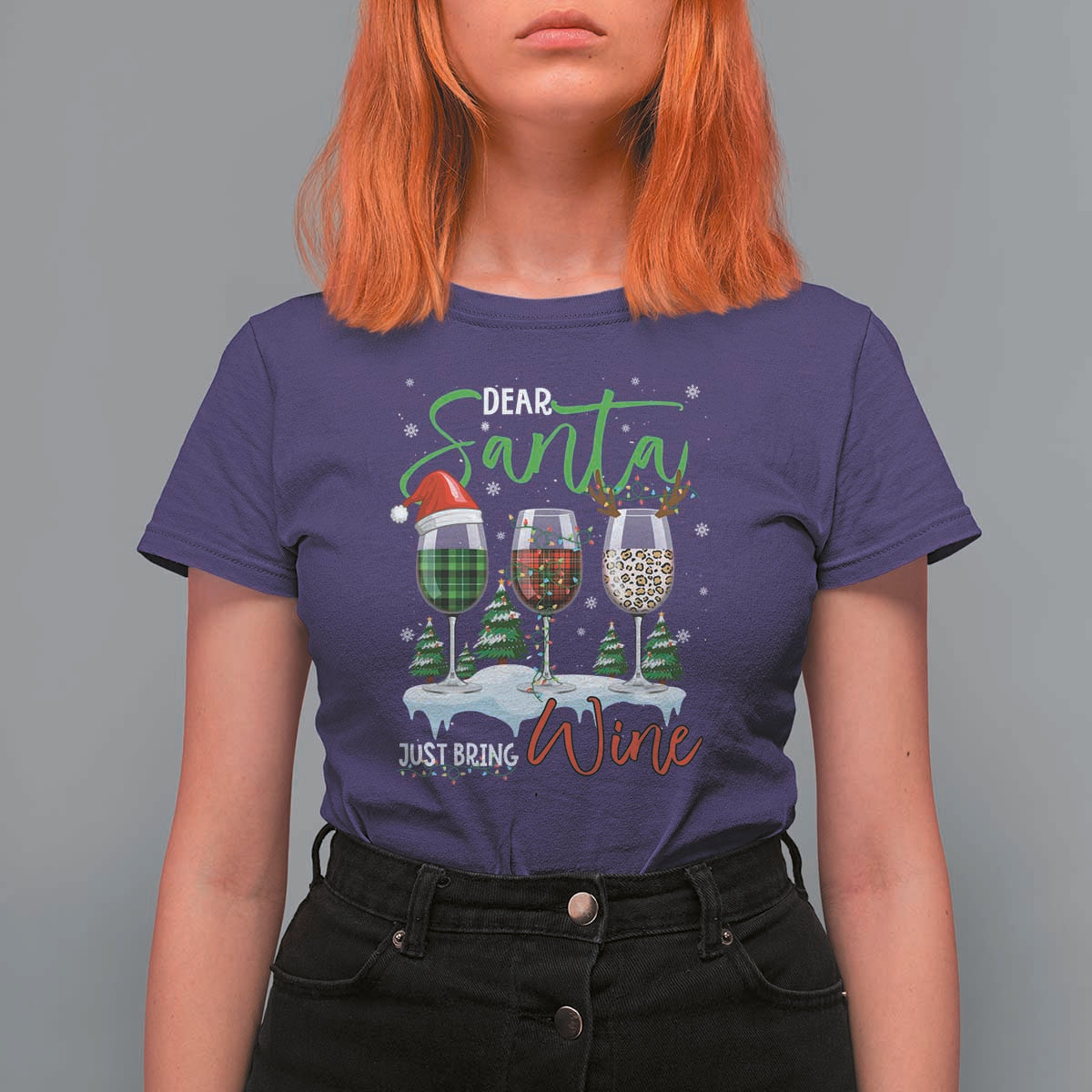 Funny Christmas Wine T Shirt For Women Dear Santa Just Bring Wine Winter Holiday - Wonder Print Shop