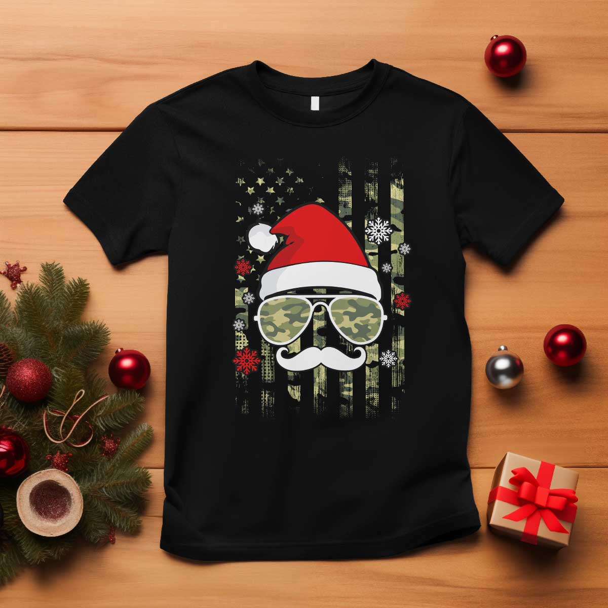 Funny Christmas Veteran T Shirt Santa Hat Camo American Flag - Wonder Print Shop