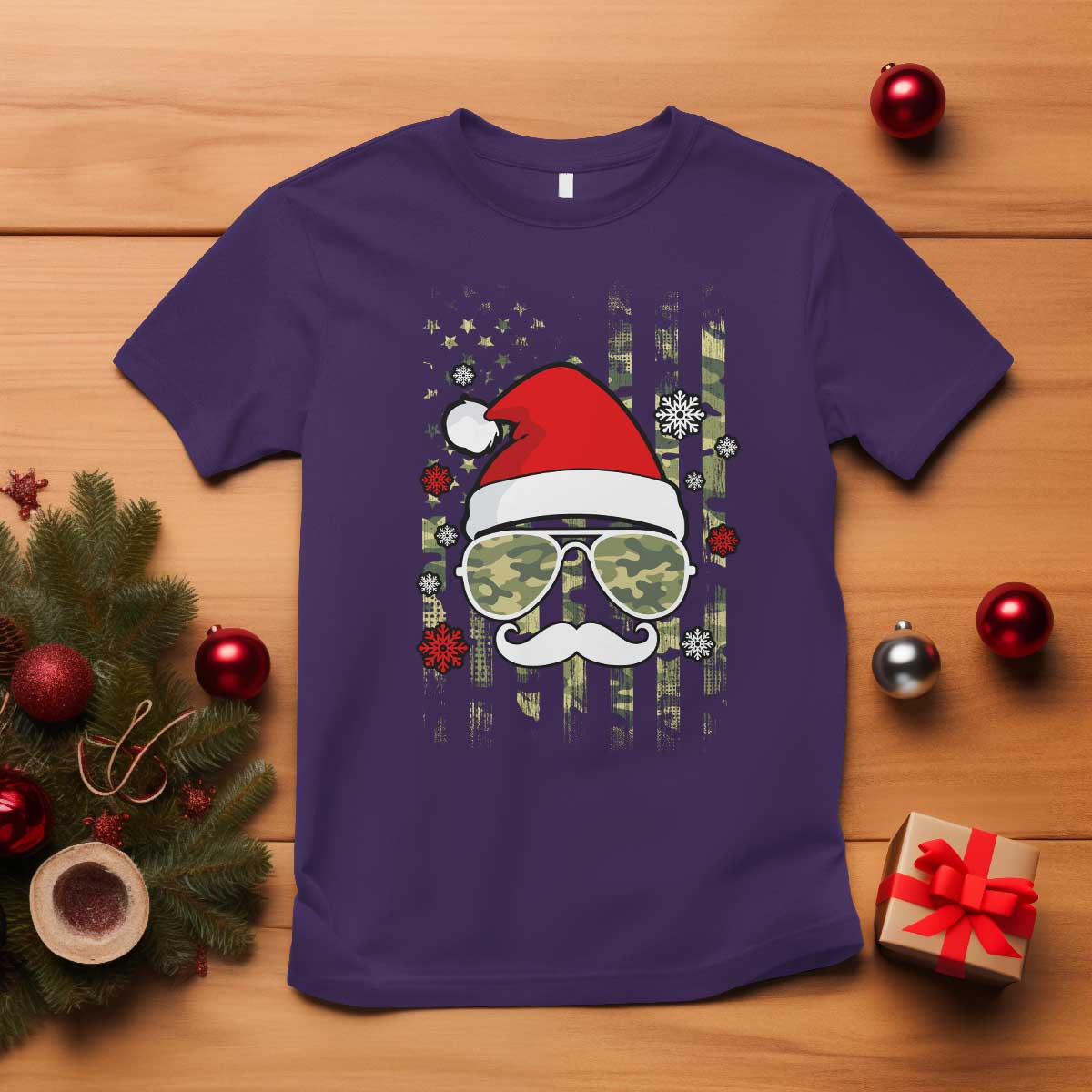 Funny Christmas Veteran T Shirt Santa Hat Camo American Flag - Wonder Print Shop