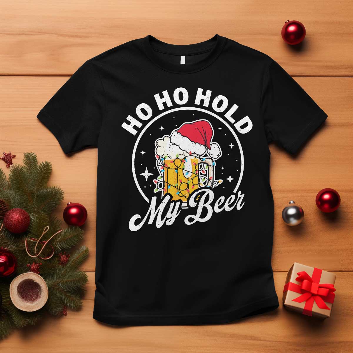 Funny Christmas Beers T Shirt Ho Ho Hold My Beer Vintage Mug Santa Hat - Wonder Print Shop