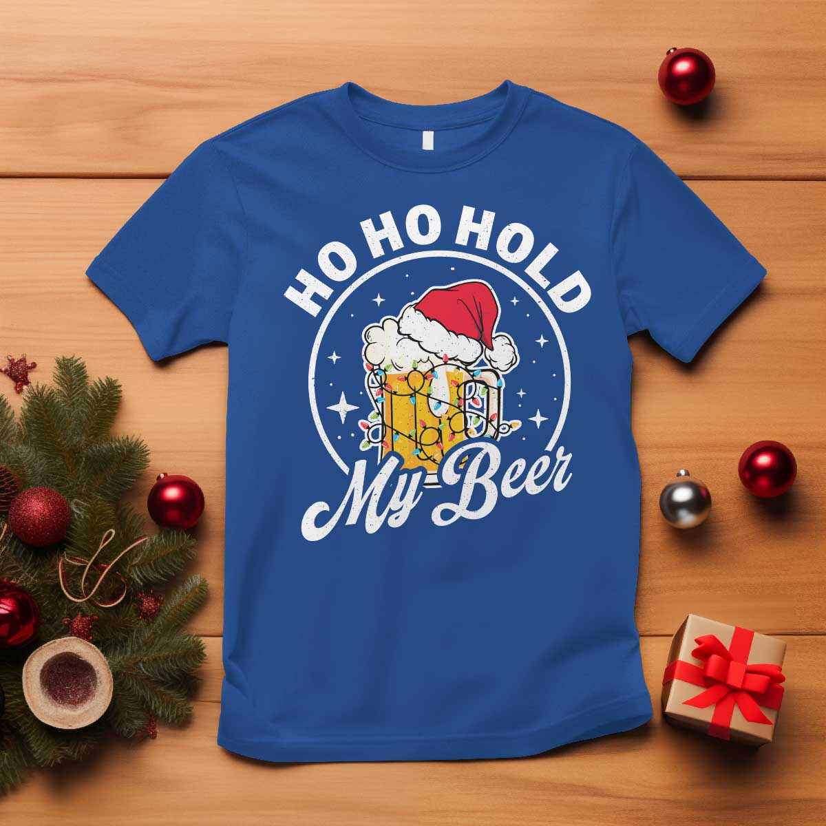 Funny Christmas Beers T Shirt Ho Ho Hold My Beer Vintage Mug Santa Hat - Wonder Print Shop