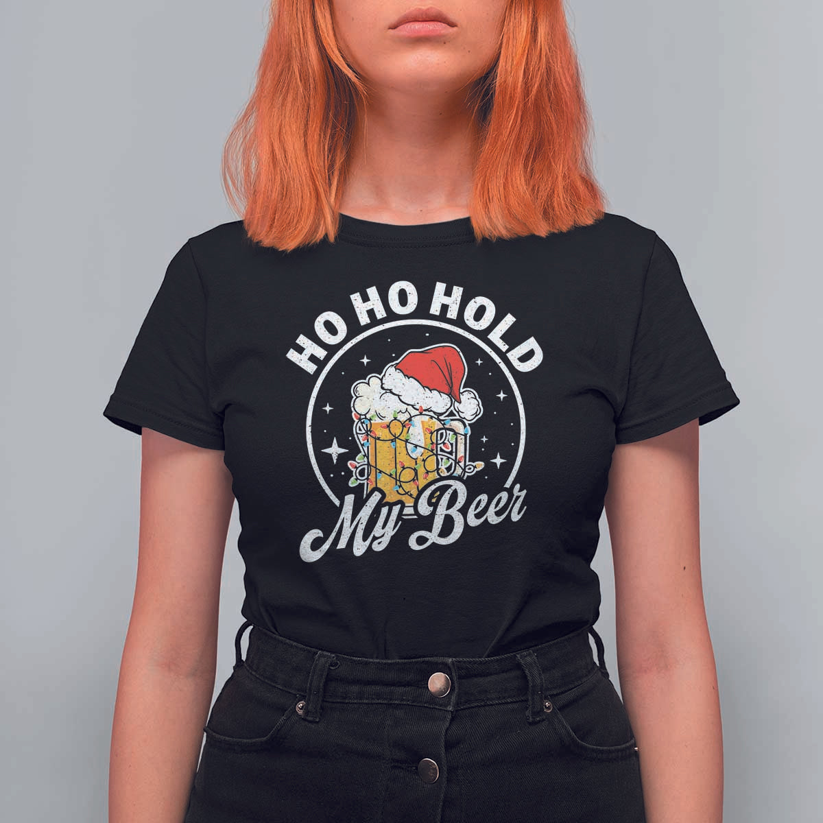 Funny Christmas Beers T Shirt For Women Ho Ho Hold My Beer Vintage Mug Santa Hat - Wonder Print Shop